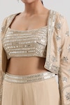 Shop_Basanti - Kapde Aur Koffee x AZA_Beige Silk Embroidered Mirror Blouse Scoop Cropped Jacket Sharara Set_at_Aza_Fashions