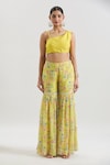 Buy_Basanti - Kapde Aur Koffee x AZA_Yellow Chinon Printed Floral Cape One Shoulder And Sharara Set_Online_at_Aza_Fashions