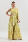 Buy_Basanti - Kapde Aur Koffee x AZA_Yellow Chinon Printed Floral Cape One Shoulder And Sharara Set