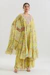 Buy_Basanti - Kapde Aur Koffee x AZA_Yellow Chinon Printed Floral Blouse Sweetheart Cape And Sharara Co-ord Set