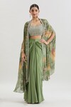 Shop_Basanti - Kapde Aur Koffee x AZA_Green Chinon Embroidered Sequins Blouse Floral Print Cape And Draped Skirt Set
