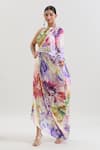 Shop_Basanti - Kapde Aur Koffee x AZA_Multi Color Crepe Printed Floral One Shoulder Abstract Kaftan_Online_at_Aza_Fashions