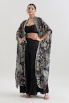 Buy_Basanti - Kapde Aur Koffee x AZA_Black Chinon Embroidered Handwork Blouse Floral Print Cape And Sharara Set