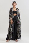 Shop_Basanti - Kapde Aur Koffee x AZA_Black Chinon Embroidered Handwork Blouse Floral Print Cape And Sharara Set