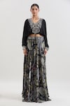 Basanti - Kapde Aur Koffee x AZA_Black Crepe Printed Floral Top Blunt V Skirt And Embroidered Kaftan Set_at_Aza_Fashions