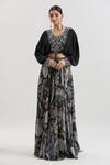 Shop_Basanti - Kapde Aur Koffee x AZA_Black Crepe Printed Floral Top Blunt V Skirt And Embroidered Kaftan Set