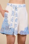 ORIGANI_White 100% Linen Embroidery Rose Bud Shorts With Belt _Online_at_Aza_Fashions