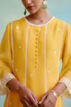 Nero India_Yellow Pant Muslin Embellished Lace Round Neck Flower Kurta And Wide Legged Set _Online_at_Aza_Fashions