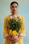 Shop_Nero India_Yellow Pant Muslin Embellished Lace Round Neck Flower Kurta And Wide Legged Set _Online_at_Aza_Fashions