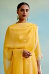 Nero India_Yellow Pant Muslin Embellished Lace Round Neck Flower Kurta And Wide Legged Set _at_Aza_Fashions