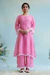 Buy_Nero India_Pink Pant Muslin Embroidery Thread Round Neck Sleeve Kurta And Wide Legged Set _at_Aza_Fashions