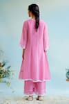 Shop_Nero India_Pink Pant Muslin Embroidery Thread Round Neck Sleeve Kurta And Wide Legged Set _at_Aza_Fashions