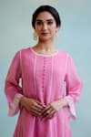 Nero India_Pink Pant Muslin Embroidery Thread Round Neck Sleeve Kurta And Wide Legged Set _at_Aza_Fashions