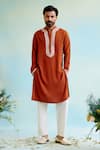 Buy_Nero India_Orange Chanderi Embroidered Dori Straight Kurta With Pant _at_Aza_Fashions