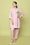 Buy_Naintara Bajaj_Pink Linen Embellished Threadwork Mandarin Collar Floral Tunic With Pant_at_Aza_Fashions