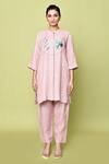 Shop_Naintara Bajaj_Pink Linen Embellished Threadwork Mandarin Collar Floral Tunic With Pant_Online_at_Aza_Fashions