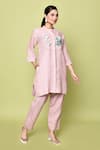 Shop_Naintara Bajaj_Pink Linen Embellished Threadwork Mandarin Collar Floral Tunic With Pant