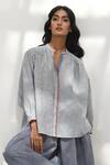 Payal Pratap_Grey Handloom Cotton Printed Striped Band Collar Oio Shirt _Online_at_Aza_Fashions