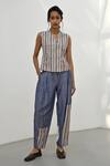 Buy_Payal Pratap_Blue Chambray Linen Printed Striped Petra Carrot Patchwork Baggy Pant _at_Aza_Fashions