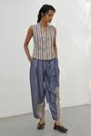 Shop_Payal Pratap_Blue Chambray Linen Printed Striped Petra Carrot Patchwork Baggy Pant _at_Aza_Fashions