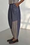 Payal Pratap_Blue Chambray Linen Printed Striped Petra Carrot Patchwork Baggy Pant _Online_at_Aza_Fashions
