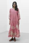 Buy_Payal Pratap_Pink Chambray Cotton Embroidered Floral Notched Agios Tiered Dress _at_Aza_Fashions