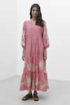Payal Pratap_Pink Chambray Cotton Embroidered Floral Notched Agios Tiered Dress _Online_at_Aza_Fashions