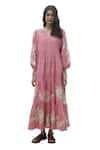 Buy_Payal Pratap_Pink Chambray Cotton Embroidered Floral Notched Agios Tiered Dress _Online_at_Aza_Fashions