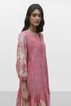 Shop_Payal Pratap_Pink Chambray Cotton Embroidered Floral Notched Agios Tiered Dress _Online_at_Aza_Fashions