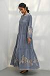 Buy_Payal Pratap_Blue Chambrey Cotton Embroidered Floral Band Collar Papigo Tiered Dress _Online_at_Aza_Fashions