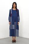 Payal Pratap_Blue Handloom Cotton Printed Striped Round Bario Patchwork Tiered Dress _Online_at_Aza_Fashions