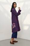 Payal Pratap_Blue Handloom Linen Printed Striped Shawl Lapel Jacket _Online_at_Aza_Fashions