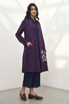 Buy_Payal Pratap_Blue Handloom Linen Printed Striped Shawl Lapel Jacket _Online_at_Aza_Fashions