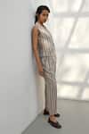 Buy_Payal Pratap_Beige Handloom Linen Printed Striped V Neck Elatos Gilet Waistcoat_Online_at_Aza_Fashions