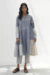 Shop_Payal Pratap_Blue Chambray Cotton Printed Striped Band Collar Monza Patchwork Dress_Online_at_Aza_Fashions