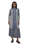 Payal Pratap_Blue Chambray Cotton Printed Striped Collar Nymfaio Patchwork Dress_Online_at_Aza_Fashions