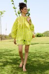 Shop_RAAS LIFE_Green Top Cotton Silk Print Chequered Round Collar With Shorts_Online_at_Aza_Fashions