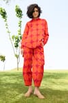 Buy_RAAS LIFE_Red Linen Cotton Print Polka Collared Neck Marigold Shirt And Trouser Set _at_Aza_Fashions