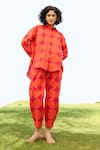 Buy_RAAS LIFE_Red Linen Cotton Print Polka Collared Neck Marigold Shirt And Trouser Set _Online_at_Aza_Fashions