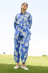 Buy_RAAS LIFE_Blue Linen Cotton Print Floral Collared Neck Marigold Shirt With Trouser _at_Aza_Fashions