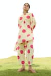 RAAS LIFE_Cream Linen Cotton Print Polka Mandarin Collar Poppy Dot Tunic With Trouser _at_Aza_Fashions