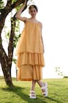 Buy_RAAS LIFE_Yellow Cotton Silk Hand Block Geometric Square Neck Princess Tiered Dress _at_Aza_Fashions