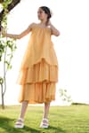 RAAS LIFE_Yellow Cotton Silk Hand Block Geometric Square Neck Princess Tiered Dress _Online_at_Aza_Fashions