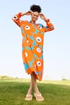 Buy_RAAS LIFE_Orange Linen Cotton Print Mekko Floral Frilled Neck Daisy Dress _at_Aza_Fashions