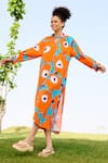 Shop_RAAS LIFE_Orange Linen Cotton Print Mekko Floral Frilled Neck Daisy Dress _Online_at_Aza_Fashions