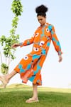 Shop_RAAS LIFE_Orange Linen Cotton Print Mekko Floral Frilled Neck Daisy Dress _at_Aza_Fashions