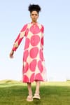 RAAS LIFE_Pink Linen Cotton Print Polka Frilled Neck Daisy Dress _at_Aza_Fashions