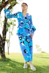 Buy_RAAS LIFE_Blue Linen Cotton Print Pixel Mekko V Neck Rosa Top With Pant _at_Aza_Fashions