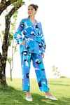 RAAS LIFE_Blue Linen Cotton Print Pixel Mekko V Neck Rosa Top With Pant _at_Aza_Fashions