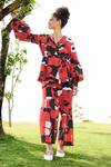 Buy_RAAS LIFE_Red Linen Cotton Print Pixel Mekko V Neck Rosa Top And Pant Set _at_Aza_Fashions